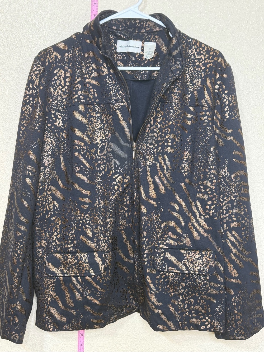 Alfred Dunner Black and Gold Animal-Print Zip Jacket